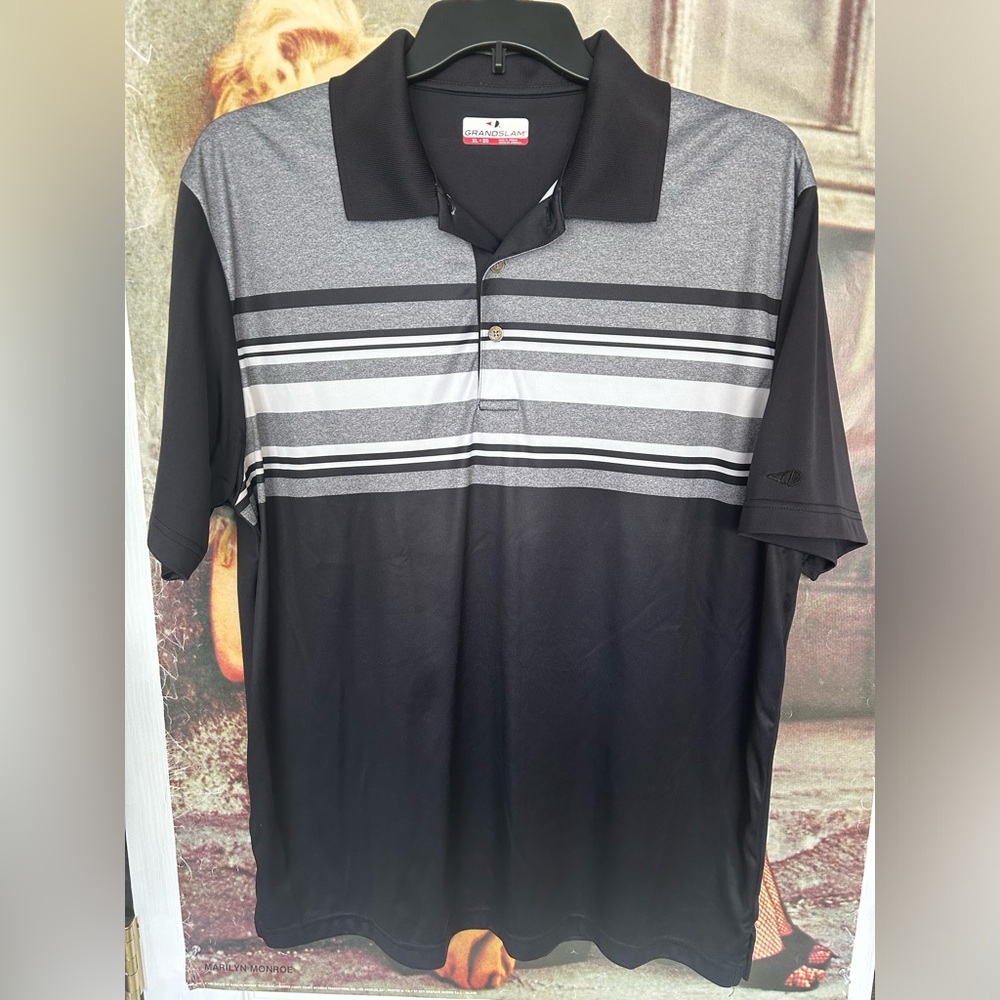 Men’s Grand Slam athletic fit golf shirt. Black w/ white gray stripes. Size XL.